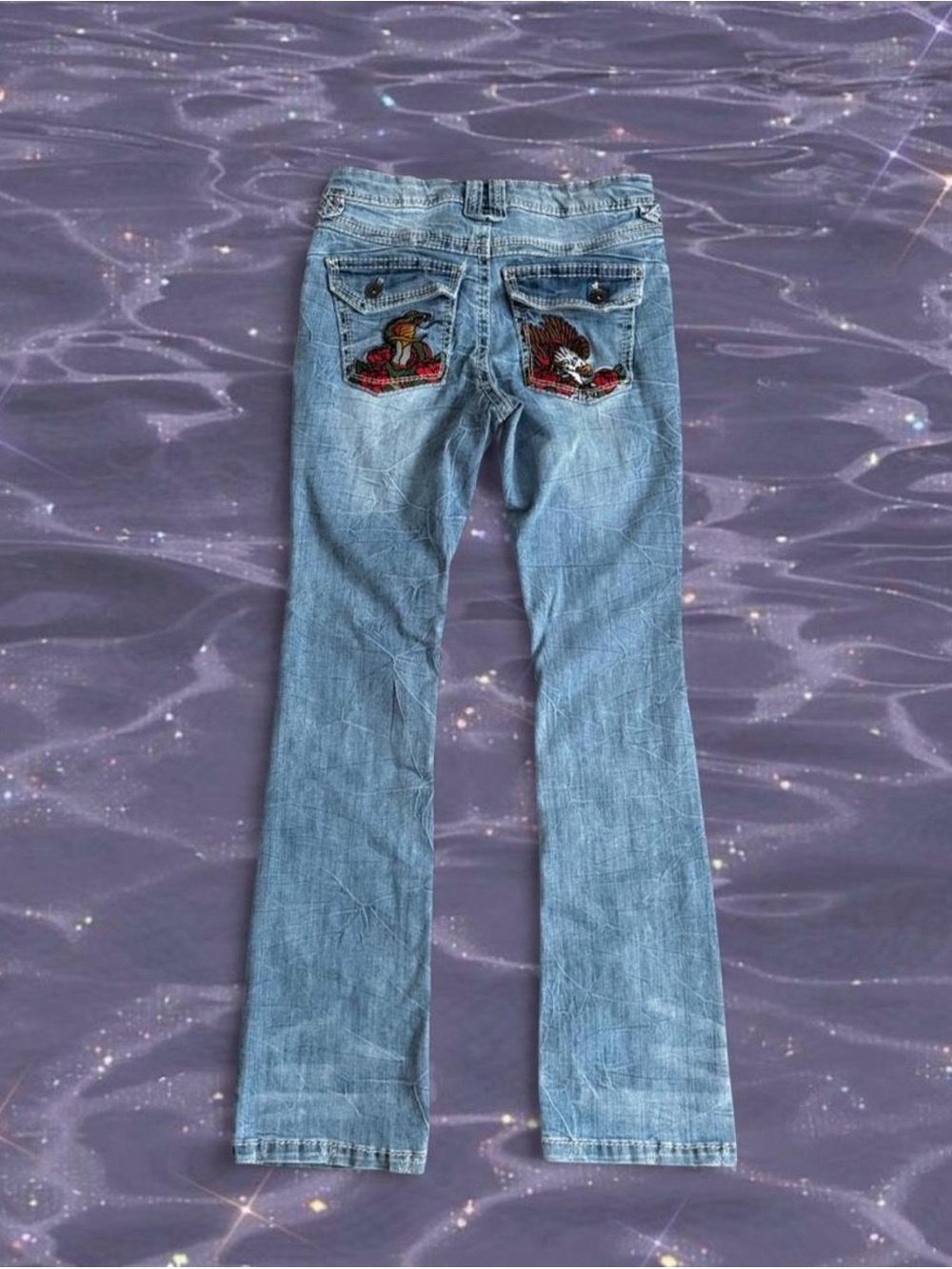 Ninth Hall Signal Grunge Bootcut Jeans Embroidered Pockets Y2K Eagle Snake NH